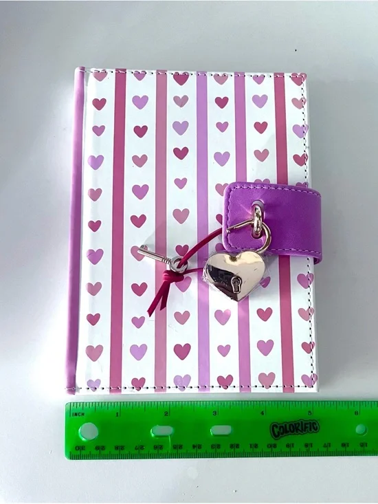 Notebook Journal Diary with Heart Lock & Key Pink Hearts & Stripes on White. - Picture 10 of 15